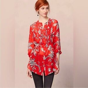 Anthropologie Leifsdottir Silk Cattleya Tunic, Tie Waist Semi Sheer Floral Sz 8